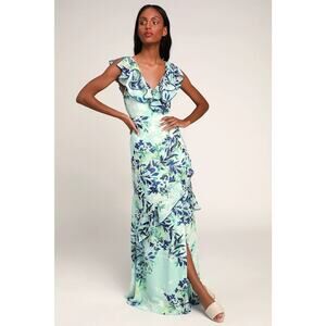Lulus Sammi Light Blue Floral Print Ruffled Surplice Maxi Dress Size Large NEW